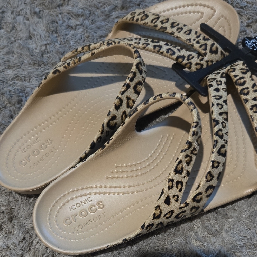 CROCS Tan Leopard Print Sandals - Picture 6 of 7